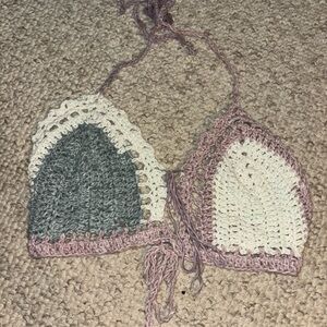 Crochet Halter Top in Gray and Cream